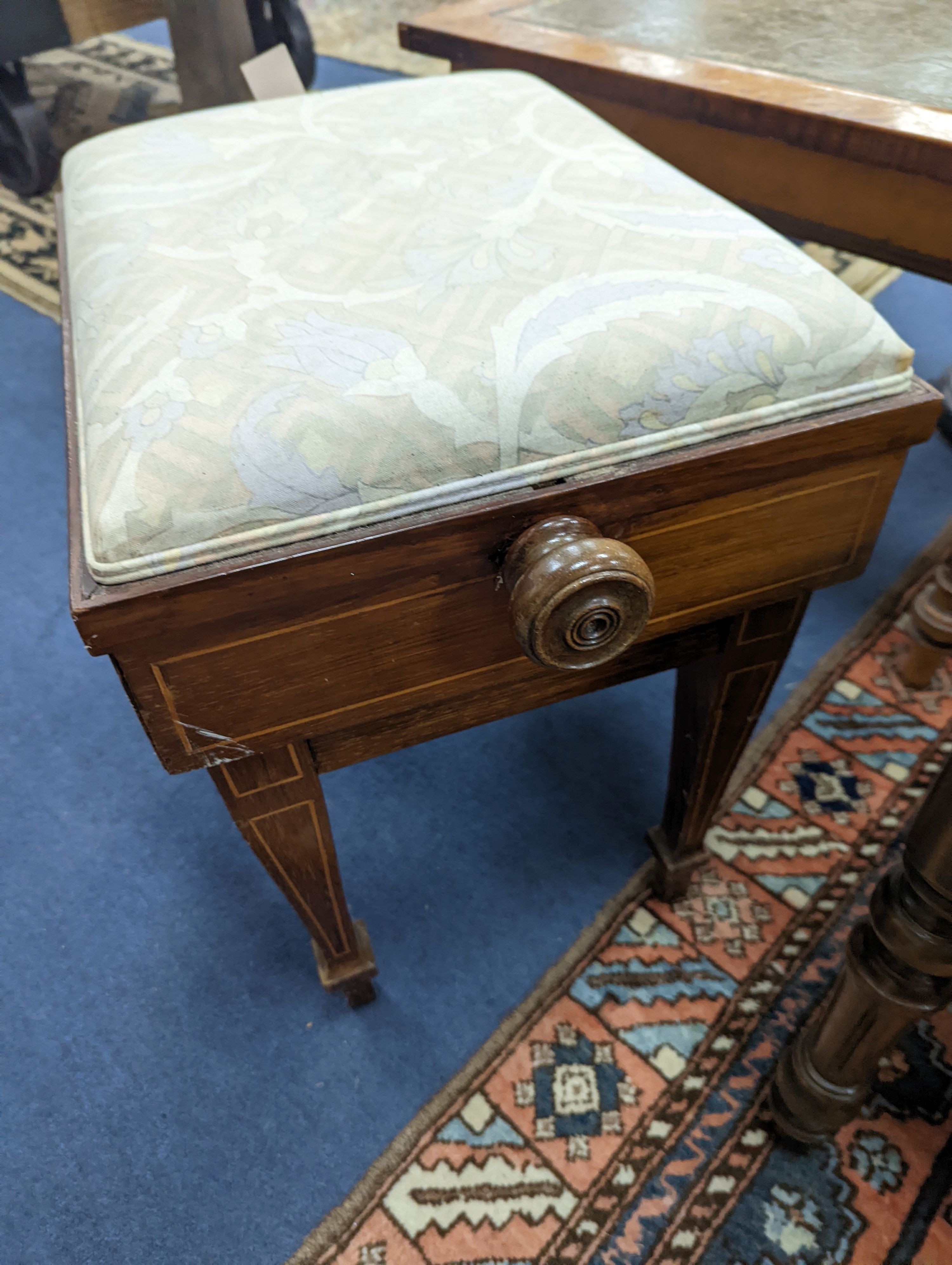 An Edwardian inlaid rosewood piano stool